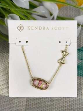 Kendra Scott Gold Pink Floral Oval Pendant Necklace with Bow Accent